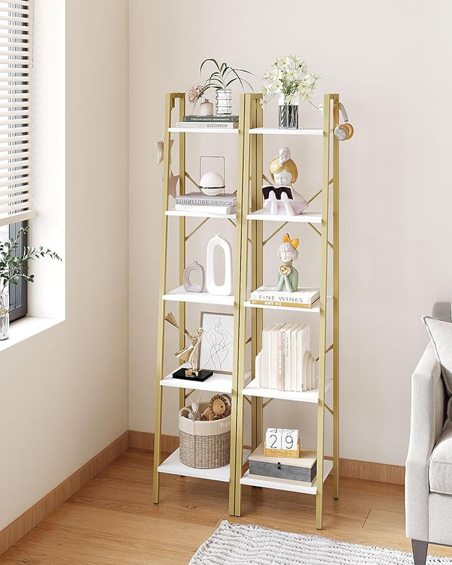 Ladder Shelf, Bookshelf Bookcase, Freestanding Corner Storage Shelve with 2 Hooks for Home Office, Living Room, Kitchen, Bedroom, Industrial, 5-Tier White Gold BC03213G - LeafyLoom