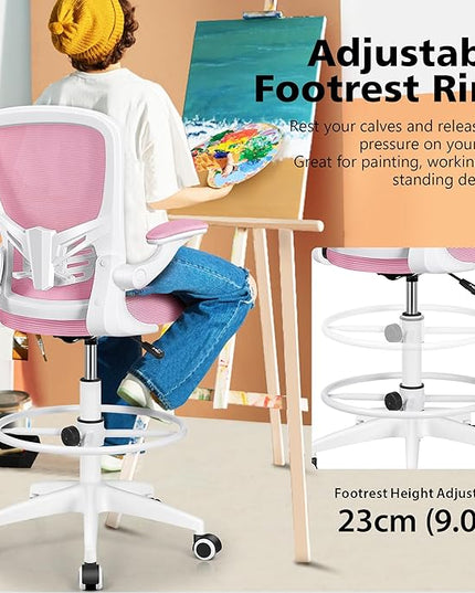 MINLOVE Ergonomic Drafting Office Chair, Tall Office Chair with Flip-up Armrests Executive Ergonomic Computer Standing Desk Chair with Lumbar Support and Adjustable Footrest(Pink) - LeafyLoom