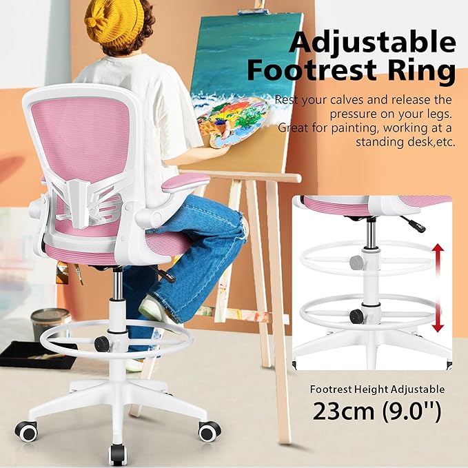 MINLOVE Ergonomic Drafting Office Chair, Tall Office Chair with Flip-up Armrests Executive Ergonomic Computer Standing Desk Chair with Lumbar Support and Adjustable Footrest(Pink) - LeafyLoom
