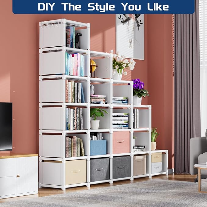Mavivegue Book Shelf, 20 Cube Storage Organizer, DIY Bookcase, Metal Cube Bookshelf, Tall Book case for Bedroom, Living Room, Office, Closet Storage Organizer, Black Cubicle Storage Rack-White - LeafyLoom