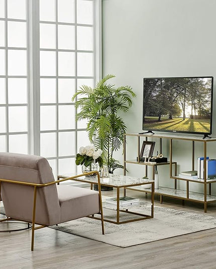 Teamson Home Marmo Sideboard Storage Cabinet TV Stand with Faux Marble Top for Livingroom Home and Office, 32 Inch Height, Brass - LeafyLoom