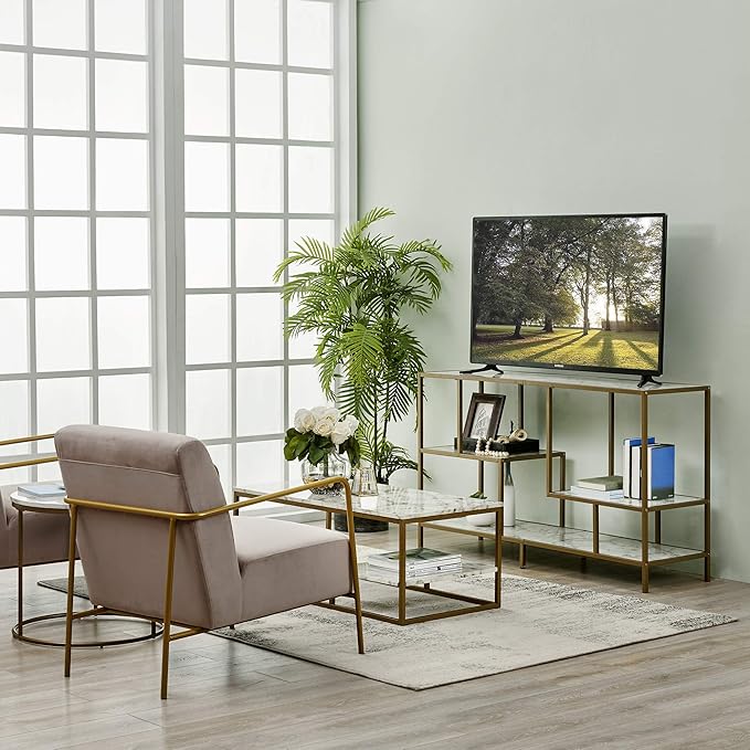 Teamson Home Marmo Sideboard Storage Cabinet TV Stand with Faux Marble Top for Livingroom Home and Office, 32 Inch Height, Brass - LeafyLoom