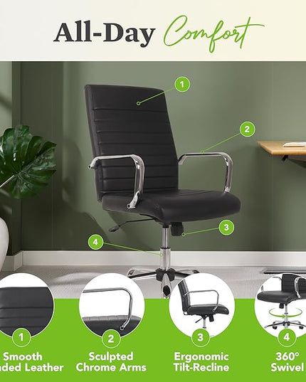 Sadie Executive Computer Chair- Fixed Arm for Office Desk, Black Leather with Chrome Accents (HVST511) - LeafyLoom