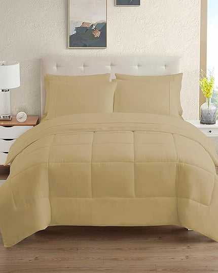 Dorm Room Essentials College Bedding Comforter Set 7 Piece Full Size Bed in a Bag for College Students Boys and Girls, Full, Camel - LeafyLoom