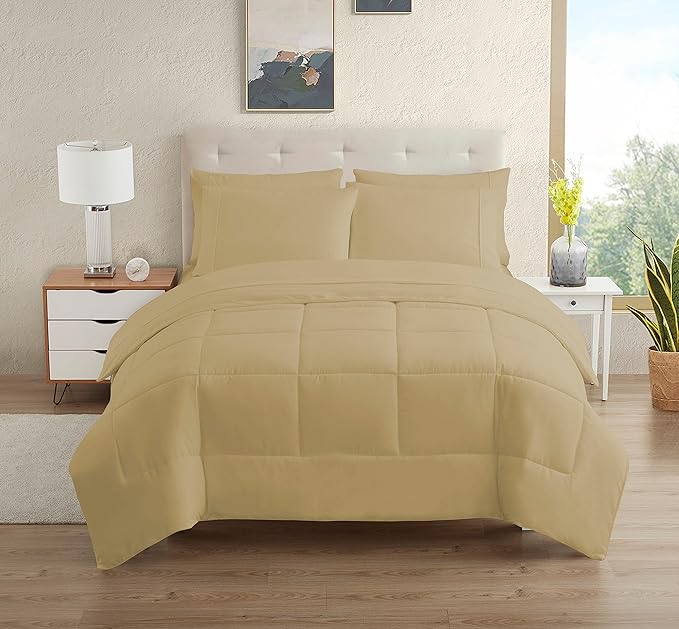 Dorm Room Essentials College Bedding Comforter Set 7 Piece Full Size Bed in a Bag for College Students Boys and Girls, Full, Camel - LeafyLoom