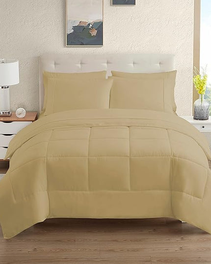 Dorm Room Essentials College Bedding Comforter Set 5 Piece Twin XL Size Bed in a Bag for College Students Boys and Girls, Twin XL, Camel - LeafyLoom