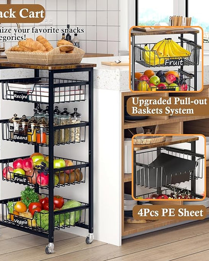 Fruit Basket, 5-Tier Utility Kitchen Organizer and Storage Cart with Pull-Out Baskets and Wood Top, Rolling Pantry Kitchen Cart on Wheels for Fruit Potato Onion Vegetable Snack Produce - LeafyLoom