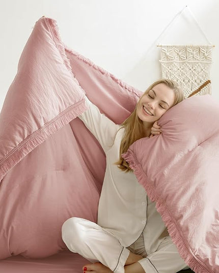 Andency Pink Comforter Set Full Size for Girls, Blush Boho Women Tassel Lightweight Bedding Comforter Sets, 3 Pieces All Season Soft Fluffy Fringe Bed Set (79x90In Comforter & 2 Pillowcases) - LeafyLoom