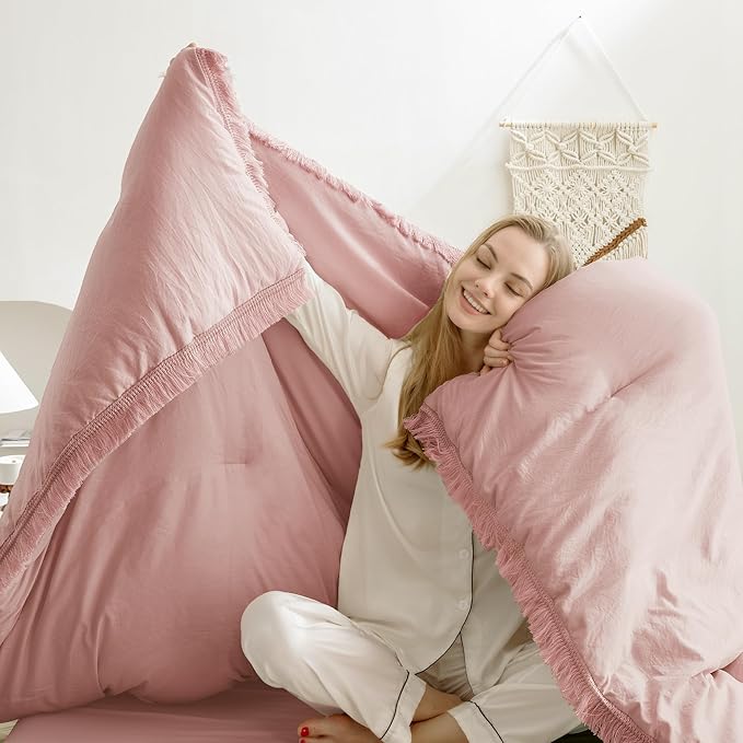 Andency Pink Comforter Set Full Size for Girls, Blush Boho Women Tassel Lightweight Bedding Comforter Sets, 3 Pieces All Season Soft Fluffy Fringe Bed Set (79x90In Comforter & 2 Pillowcases) - LeafyLoom