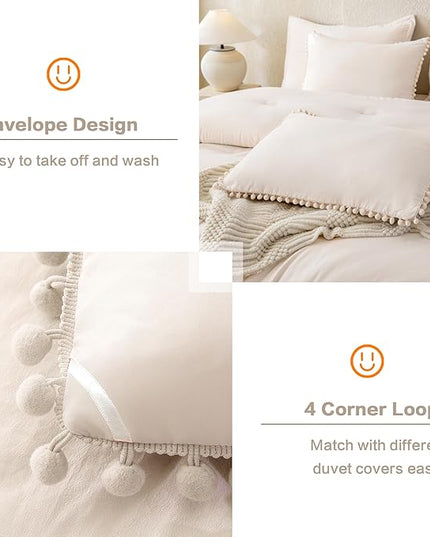 Litanika Queen Size Comforter Set Beige,3 Pieces Beige Boho Pom Pom Lightweight Bed Comforter, All Season Soft Solid Color Bedding Comforter Sets (1 Comforter 90x90 Inch, 2 Pillowcases) - LeafyLoom