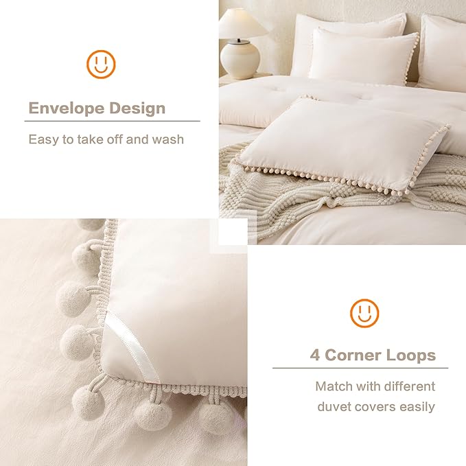 Litanika Queen Size Comforter Set Beige,3 Pieces Beige Boho Pom Pom Lightweight Bed Comforter, All Season Soft Solid Color Bedding Comforter Sets (1 Comforter 90x90 Inch, 2 Pillowcases) - LeafyLoom
