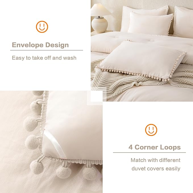 Litanika King Size Comforter Set Beige,3 Pieces Beige Boho Pom Pom Lightweight Bed Comforter, All Season Soft Solid Color Bedding Comforter Sets (1 Comforter 104x90 Inch, 2 Pillowcases) - LeafyLoom