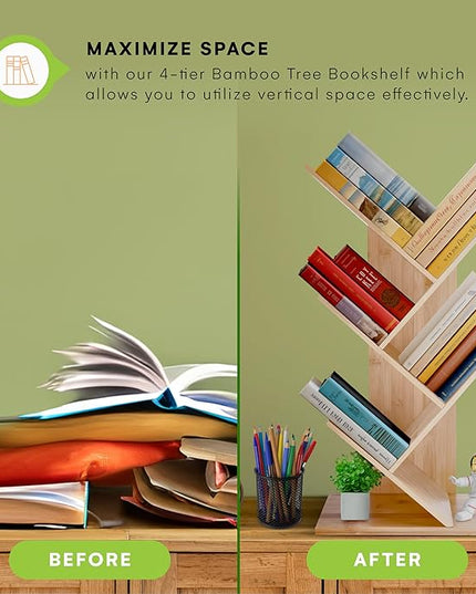 Prosumers Choice Wooden Bookshelf Storage Rack 25.4 x13.8 x 6.3in - 4Tier Bamboo Shelf to Maximize Vertical Space - Cool Tree Bookshelf - Unique Bookshelves - Vinyl organizer, Plants, and Decorations - LeafyLoom