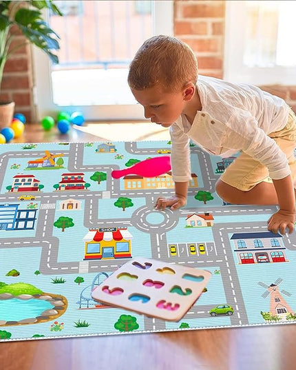 Kids Car Rug,4x6 City Life Traffic Road Playmat for Toy Cars Trains, Non-Slip Race Track Carpet Educational Fun Area Rugs for Boy and Girl Bedroom Nursery - LeafyLoom