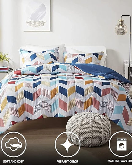 Comfort Spaces Kylar Cozy Comforter Set, Vibrant Chevron Ruching Design with Solid Reverse, All Season Down Alternative Bedding with Matching Sham, Full/Queen (88 in x 92 in), Multi/Aqua 3 Piece - LeafyLoom