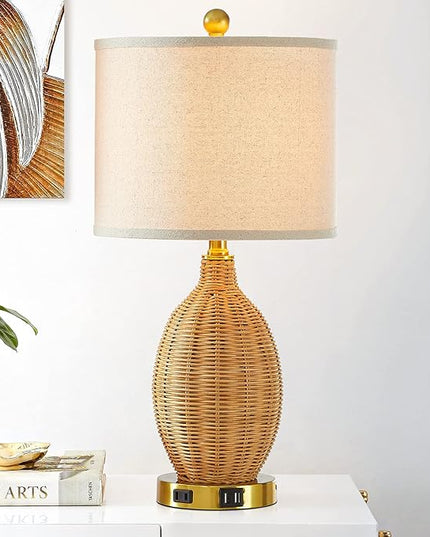 Touch Control Rattan Table Lamps, 3 Way Dimmable Bedside Lamps for Bedroom Set of 2 with 2 USB Ports and AC Outlet, Gold Wicker Nightstand Lamps for Living Room Office (LED Bulbs Included) - LeafyLoom
