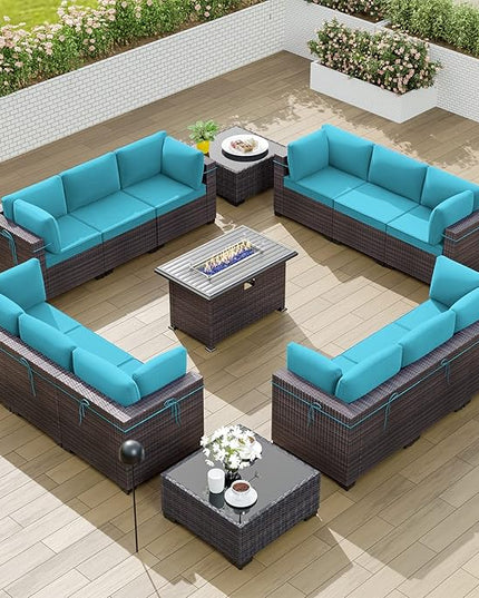 Kullavik 15PCS Outdoor Patio Furniture Set with 43" 55000BTU Gas Propane Fire Pit Table PE Wicker Rattan Sectional Sofa Patio Conversation Sets w/8 Coner Sofas,Blue - LeafyLoom