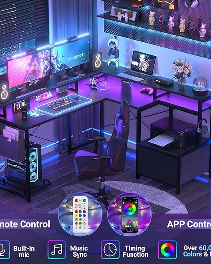 Unikito L Shaped Desk with File Drawer, Reversible L Shaped Computer Desk with Power Outlet & LED Lights, Home Office Desk Corner Desk with Monitor Shelf and Printer Cabinet, Gaming Desk, Black - LeafyLoom