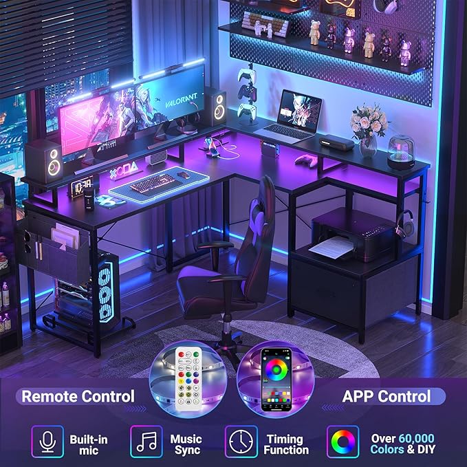 Unikito L Shaped Desk with File Drawer, Reversible L Shaped Computer Desk with Power Outlet & LED Lights, Home Office Desk Corner Desk with Monitor Shelf and Printer Cabinet, Gaming Desk, Black - LeafyLoom