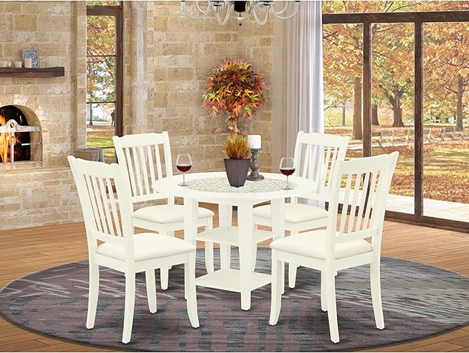 East West Furniture SUDA5-LWH-C 5 Piece Kitchen Table Set for 4 Includes a Round Dining Room Table with Dropleaf & Shelves and 4 Linen Fabric Upholstered Chairs, 42x42 Inch, Linen White - LeafyLoom