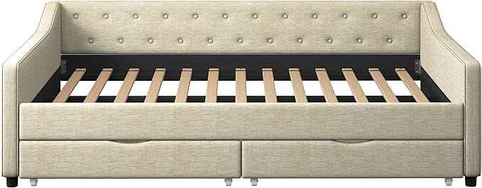 Full Size Upholstered Daybed with 2 Drawers,Wood Sofa Bed Frame W/Button Tufted Backrest and Waved Shape Arms,Slats Support,Linen Fabric Day Bed,for Bedroom,Living Room,Apartment,Beige - LeafyLoom