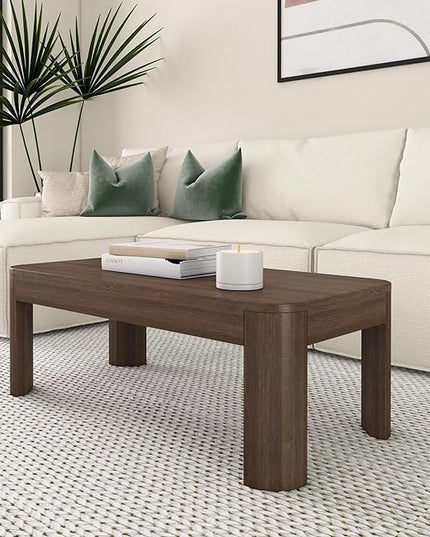 Plank+Beam Small Modern Rounded Coffee Table, 40 Inch, Solid Wood Contemporary Center Table for Living Room, Rectangle Tea Table, Walnut - LeafyLoom