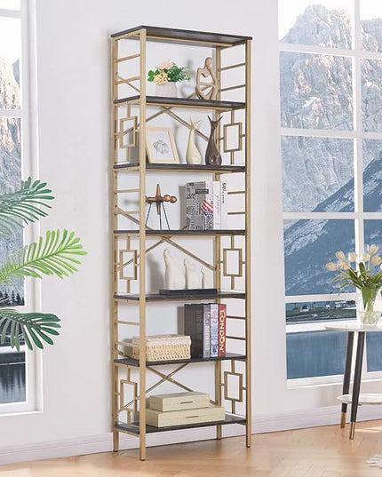 HOMISSUE Bookcase,7-Tier Tall Bookshelf Metal Bookcase and Bookshelves, Free Standing Storage Modern Bookshelf for Home Office Living Room and Bedroom, Black & Gold - LeafyLoom