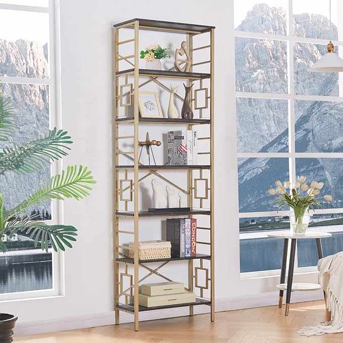 HOMISSUE Bookcase,7-Tier Tall Bookshelf Metal Bookcase and Bookshelves, Free Standing Storage Modern Bookshelf for Home Office Living Room and Bedroom, Black & Gold - LeafyLoom