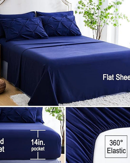 Ubauba 7pc Full Size Bed Comforter Set with Sheets, Dark Blue Pinch Pleating 7 Piece Bed in a Bag, Pintuck Royal Blue Bedding Sets for All Season (Navy,Full) - LeafyLoom