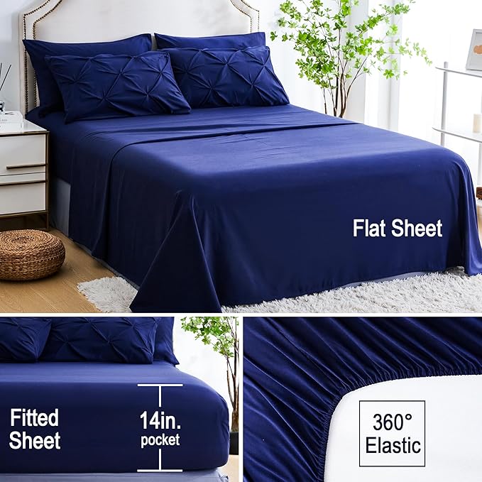 Ubauba 7pc Full Size Bed Comforter Set with Sheets, Dark Blue Pinch Pleating 7 Piece Bed in a Bag, Pintuck Royal Blue Bedding Sets for All Season (Navy,Full) - LeafyLoom