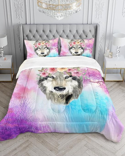 Wolf Comforter Set Tie Dye Wolf Bedding Set for Kids Teens Room Decor Romantic Pink Rose Wild Animals Comforter with 2 Pillowcases - LeafyLoom