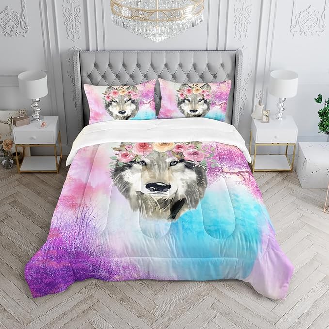 Wolf Comforter Set Tie Dye Wolf Bedding Set for Kids Teens Room Decor Romantic Pink Rose Wild Animals Comforter with 2 Pillowcases - LeafyLoom