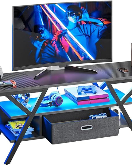 Bestier LED Entertainment Center Gaming TV Stand 55 inch for TV up to 65 in, Game Console Table W/Storage for Living Room Bedroom 20 Dynamic RGB Modes TV Console for PS5, Carbon Fiber Black - LeafyLoom