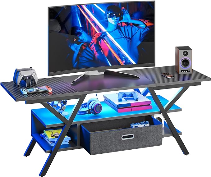 Bestier LED Entertainment Center Gaming TV Stand 55 inch for TV up to 65 in, Game Console Table W/Storage for Living Room Bedroom 20 Dynamic RGB Modes TV Console for PS5, Carbon Fiber Black - LeafyLoom