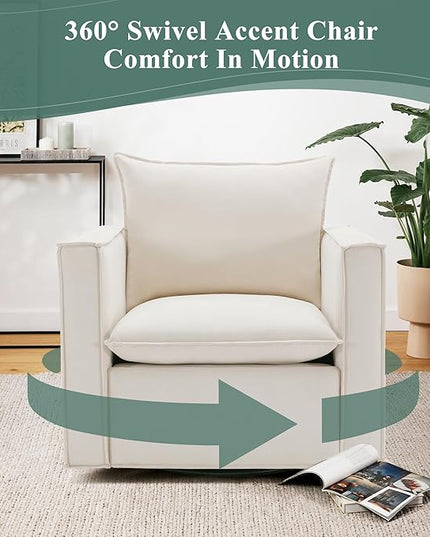 Swivel Accent Chair, 34 Inches Wide Upholstered Arm Chair with Plump Back Pillow, Modern Sofa Living Room Chair for Bedroom, Corner, Reading Nook-Beige - LeafyLoom
