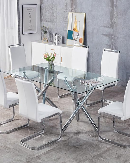 Dining Chairs Set, Kitchen Modern Metal Chairs with Faux Leather Padded Seat High Back and Sturdy Chrome Legs, Chairs for Dining Room (White, Set of 6) - LeafyLoom