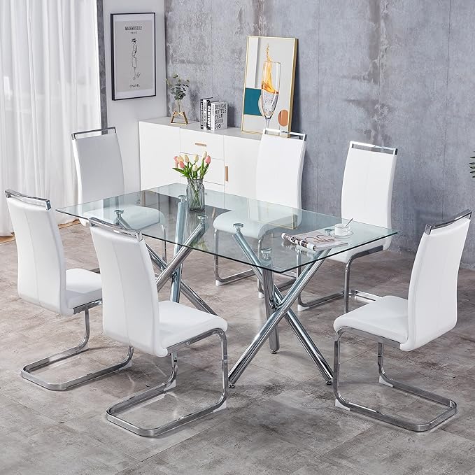 Dining Chairs Set, Kitchen Modern Metal Chairs with Faux Leather Padded Seat High Back and Sturdy Chrome Legs, Chairs for Dining Room (White, Set of 6) - LeafyLoom