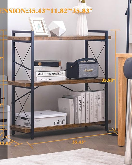 HCHQHS Bookshelf, 3-Tier Industrial Bookcase, Rustic Open Book Shelf, Wood and Metal Horizontal Bookshelves - LeafyLoom