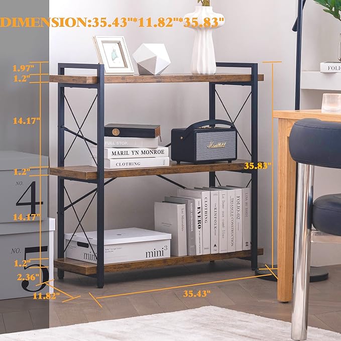 HCHQHS Bookshelf, 3-Tier Industrial Bookcase, Rustic Open Book Shelf, Wood and Metal Horizontal Bookshelves - LeafyLoom