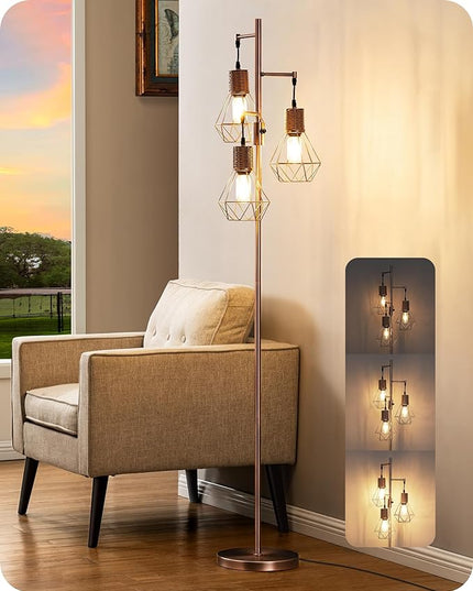 EDISHINE Farmhouse Floor Lamp Dimmable, Industrial Standing Lamp for Living Room, Diamond-Shaped Cage, Corner Rustic Rattan Tall Tree Reading Lamp Home Decor, Electroplated Brushed Red Copper - LeafyLoom
