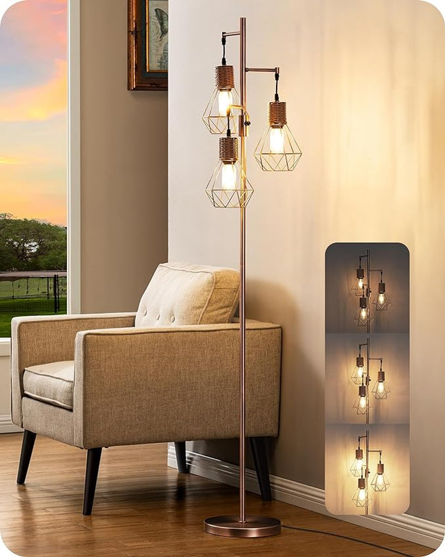 EDISHINE Farmhouse Floor Lamp Dimmable, Industrial Standing Lamp for Living Room, Diamond-Shaped Cage, Corner Rustic Rattan Tall Tree Reading Lamp Home Decor, Electroplated Brushed Red Copper - LeafyLoom