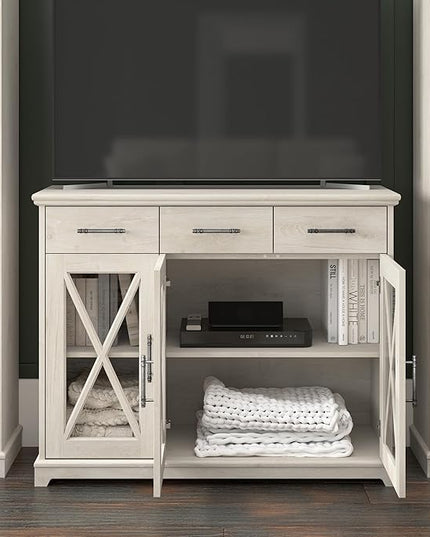 Bush Furniture Lennox Farmhouse Stand for 65 Inch TV | Living Room Entertainment Center with Storage, 46W, Linen White Oak - LeafyLoom