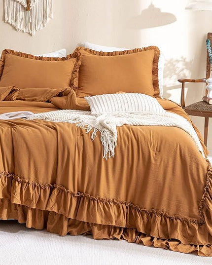 Pumpkin Color Ruffle Comforter Queen Size,Farmhouse Shabby Boho Chic Queen Bedding Comforter Set,3pcs Ultra Soft Fluffy Brown Orange Comforter Sets for Queen Bed with 2 Ruffled Pillowcases - LeafyLoom