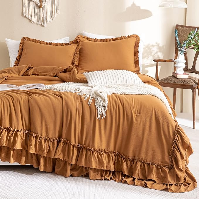 Pumpkin Color Ruffle Comforter Queen Size,Farmhouse Shabby Boho Chic Queen Bedding Comforter Set,3pcs Ultra Soft Fluffy Brown Orange Comforter Sets for Queen Bed with 2 Ruffled Pillowcases - LeafyLoom
