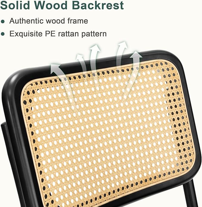 Mid Century Modern Dining Chairs Set of 2, Rattan Cantilever Kitchen Chairs, Dining Room Chairs Blue Upholstered, Solid Wood Cane Back, Black Stainless Chrome Base Heavy Duty - LeafyLoom