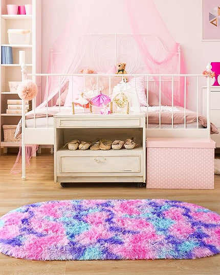 Noahas Oval Fluffy Hot Pink Rainbow Rug 2.6X5.3 Small Kids Rugs for Bedroom Girls Aesthetic,Bedside Bedroom Rug,Ultra Soft Runner Carpet Modern Shaggy Nursery Area Rugs Home Decor - LeafyLoom