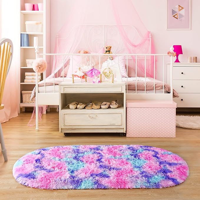 Noahas Oval Fluffy Hot Pink Rainbow Rug 2.6X5.3 Small Kids Rugs for Bedroom Girls Aesthetic,Bedside Bedroom Rug,Ultra Soft Runner Carpet Modern Shaggy Nursery Area Rugs Home Decor - LeafyLoom