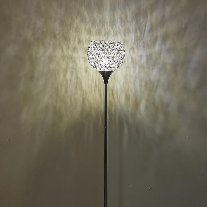 Spherical Crystal Floor Lamp, Silver 8.7 in Shade Elegant Standing Light with Crystal Lamp Shade for Living Room, Bedroom, Office, Modern Chrome 61 in Tall Pole Lighting, E26 Base, LED Bulb Included - LeafyLoom