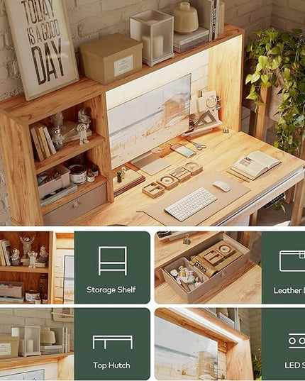 FEZIBO 55 x 27.5 Inches Electric Standing Desk with Open Shelf&LED Strip, Adjustable Height Sit Stand Up Desks with 3 Drawers, Ergonomic Workstation, Light Rustic（2 packages - LeafyLoom