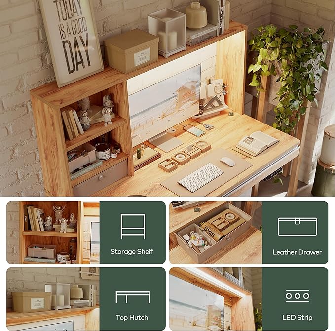 FEZIBO 55 x 27.5 Inches Electric Standing Desk with Open Shelf&LED Strip, Adjustable Height Sit Stand Up Desks with 3 Drawers, Ergonomic Workstation, Light Rustic（2 packages - LeafyLoom